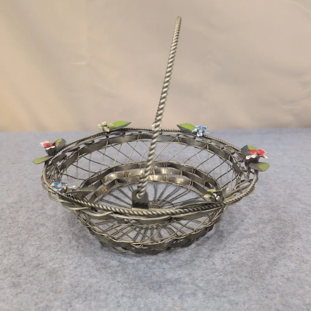 Vintage Silver Tone Woven‎ Wire Basket with Enameled Flowers and Swing Handle